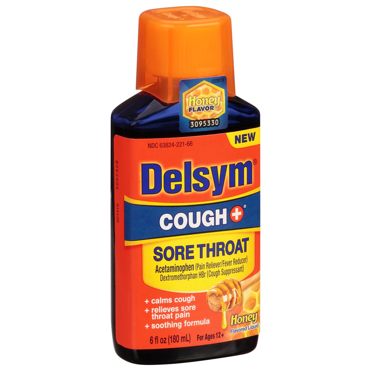 slide 5 of 9, Delsym Adult Liquid Cough Plus Sore Throat Honey, 6 oz