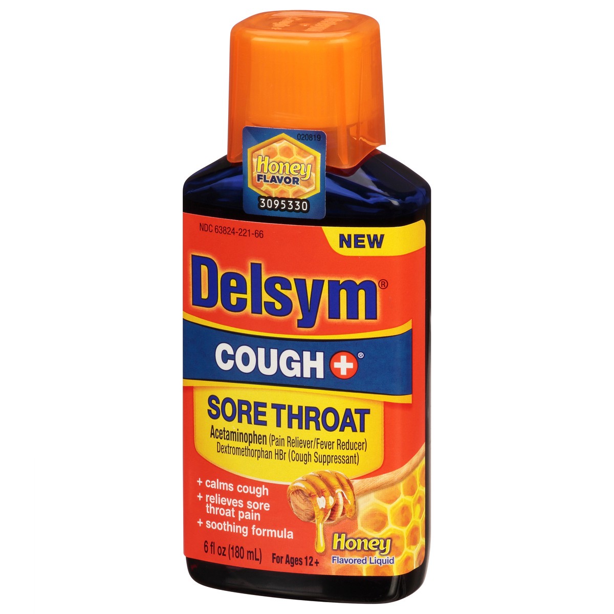 slide 4 of 9, Delsym Adult Liquid Cough Plus Sore Throat Honey, 6 oz