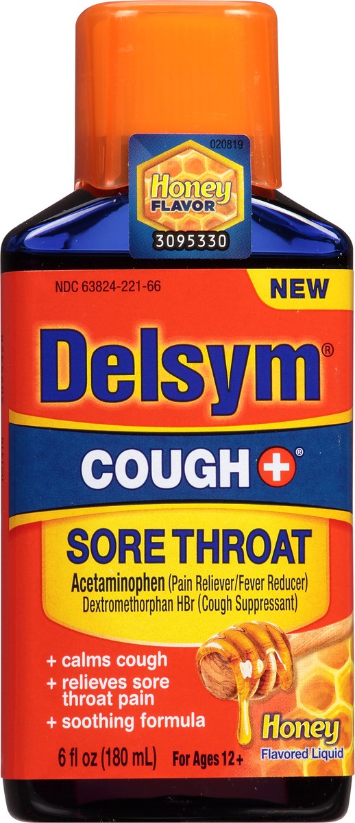 slide 1 of 9, Delsym Adult Liquid Cough Plus Sore Throat Honey, 6 oz