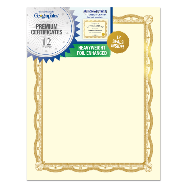 slide 1 of 1, Geographics Heavyweight Certificate Kits, Letter Paper Size, Gold/White, Pack Of 12 Kits, 12 ct