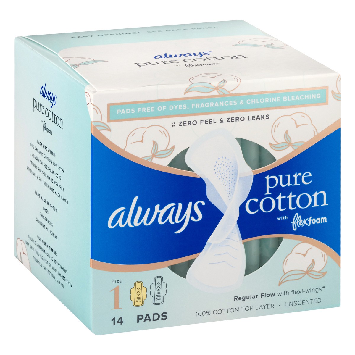 slide 2 of 9, Always Pure Cotton With Wings Size 1 Regular Unscented, 14 ct