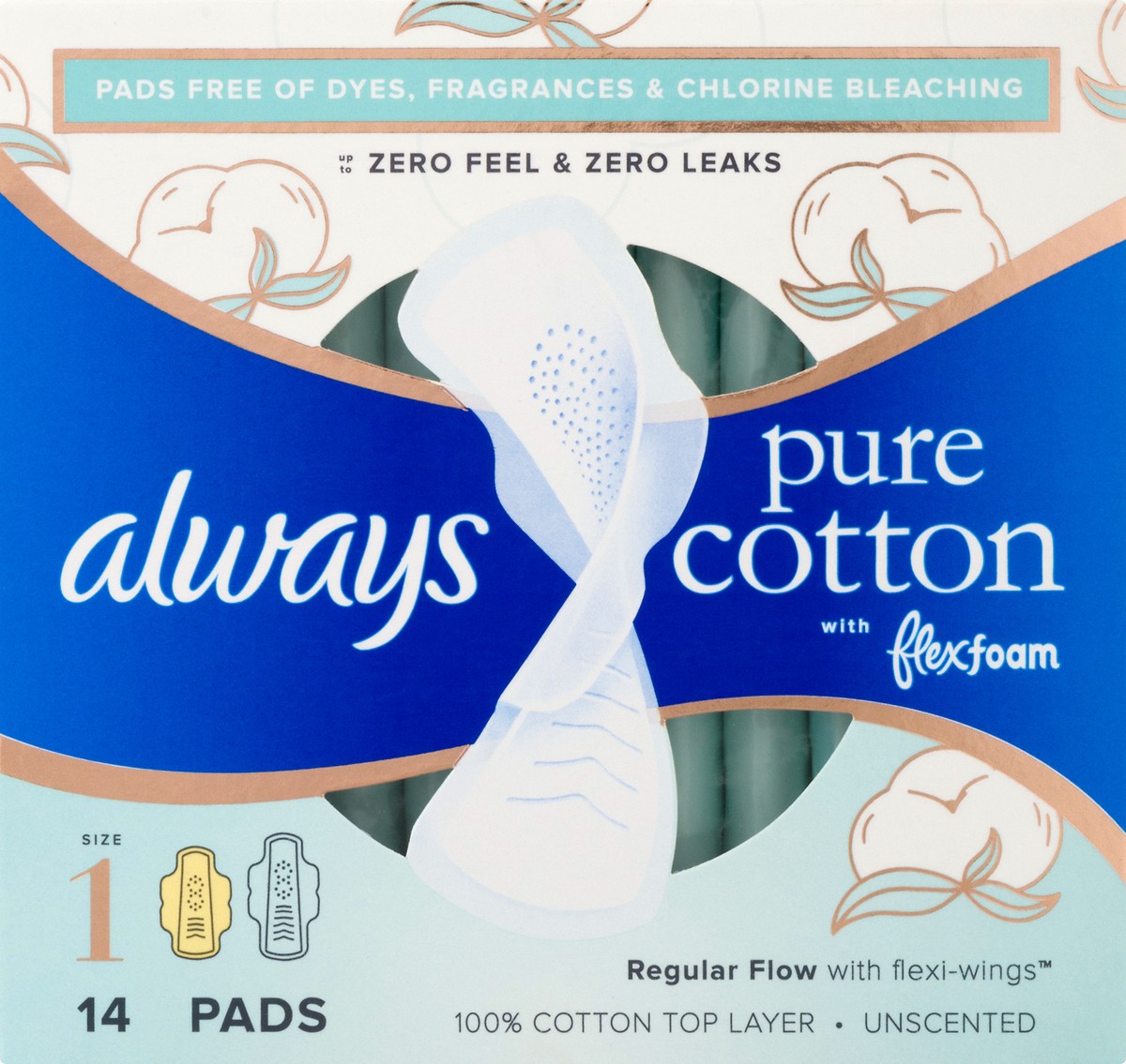 slide 3 of 9, Always Pure Cotton With Wings Size 1 Regular Unscented, 14 ct