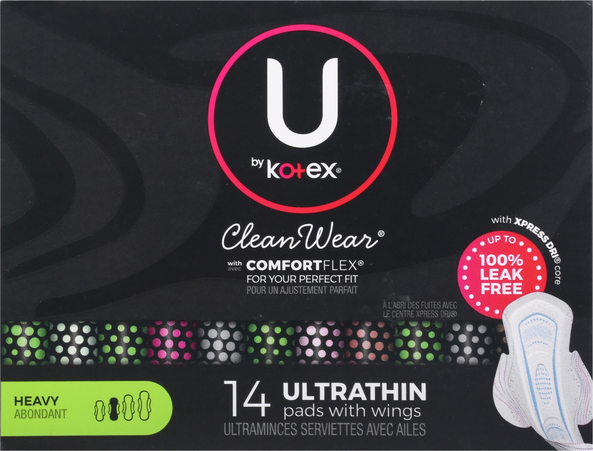 slide 6 of 9, U by Kotex CleanWear Ultra Thin Feminine Pads with Wings, Heavy Absorbency, 14 Count, 14 each