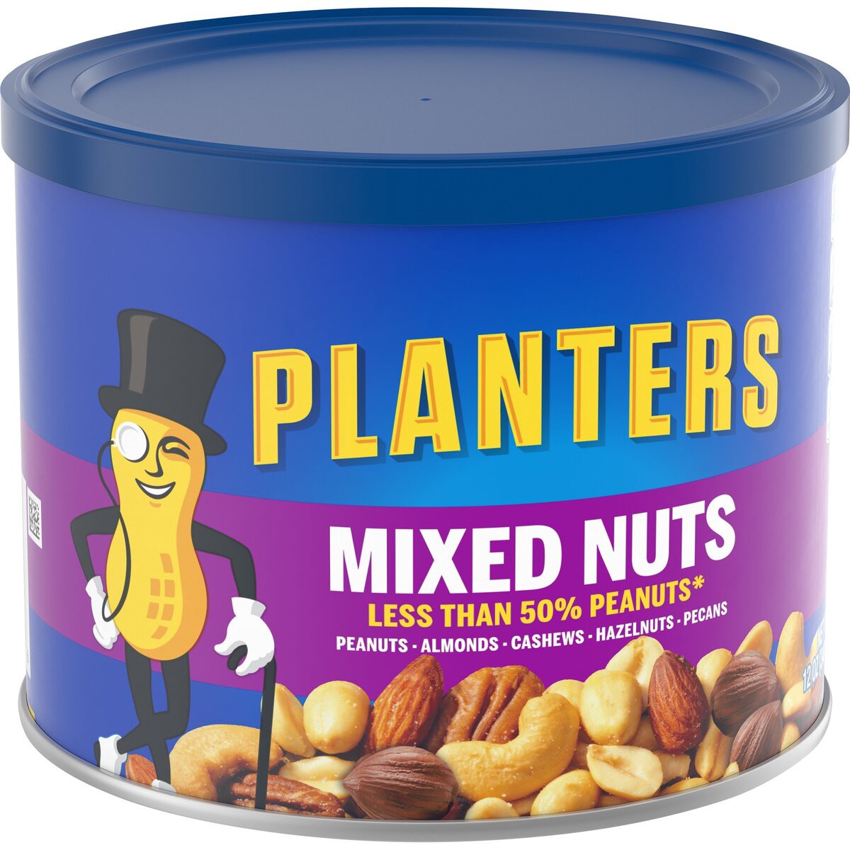 slide 2 of 8, Planters Mixed Nuts Less Than 50% Peanuts with Peanuts, Almonds, Cashews, Hazelnuts & Pecans, 12 oz Canister, 12 oz