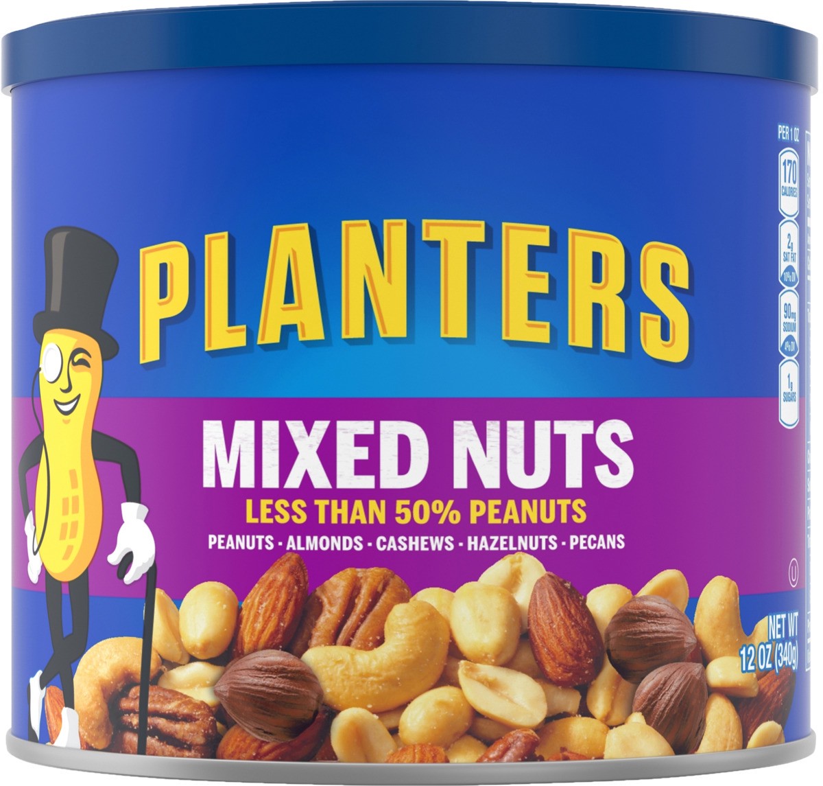 slide 8 of 8, Planters Mixed Nuts Less Than 50% Peanuts with Peanuts, Almonds, Cashews, Hazelnuts & Pecans, 12 oz Canister, 12 oz