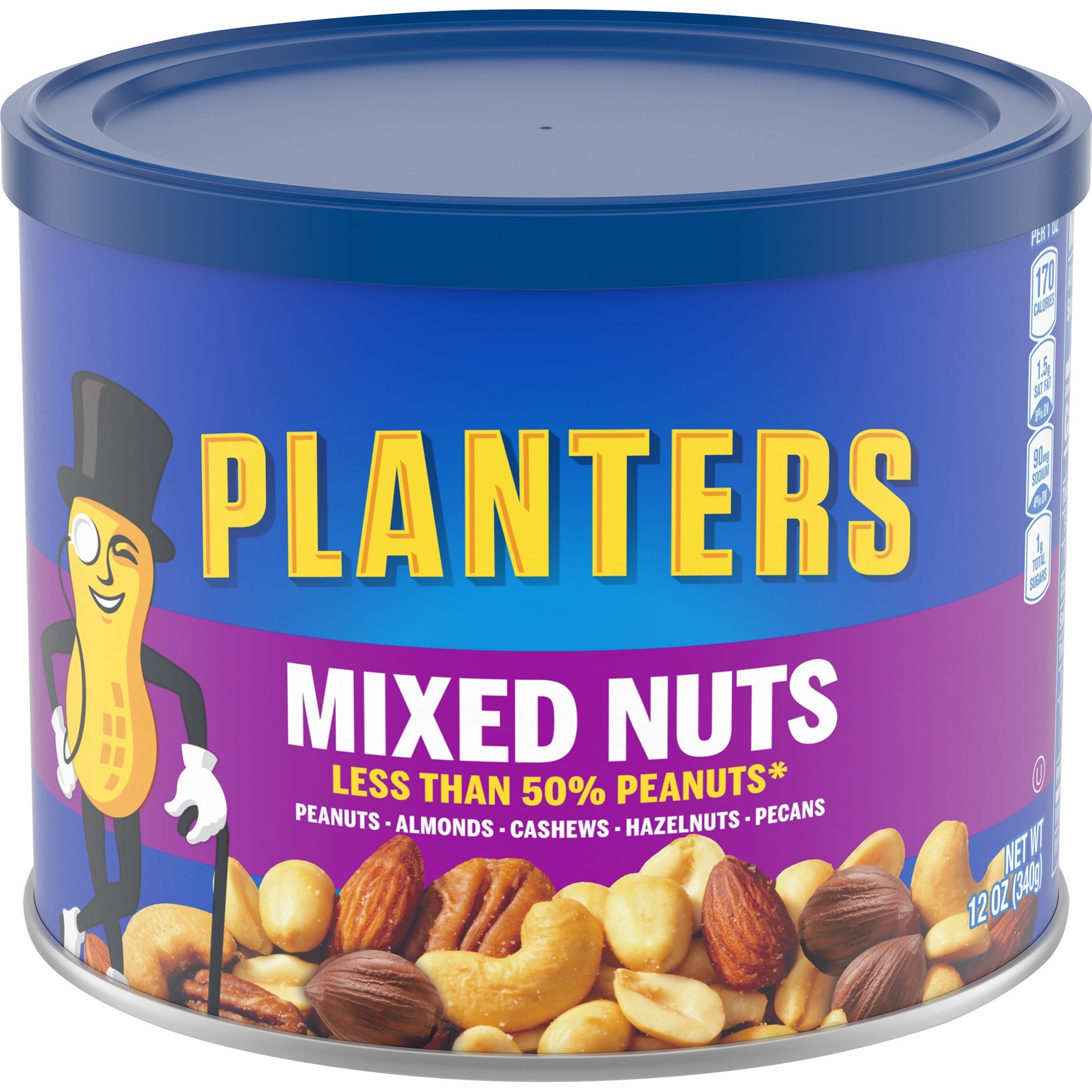 slide 1 of 8, Planters Mixed Nuts Less Than 50% Peanuts with Peanuts, Almonds, Cashews, Hazelnuts & Pecans, 12 oz Canister, 12 oz