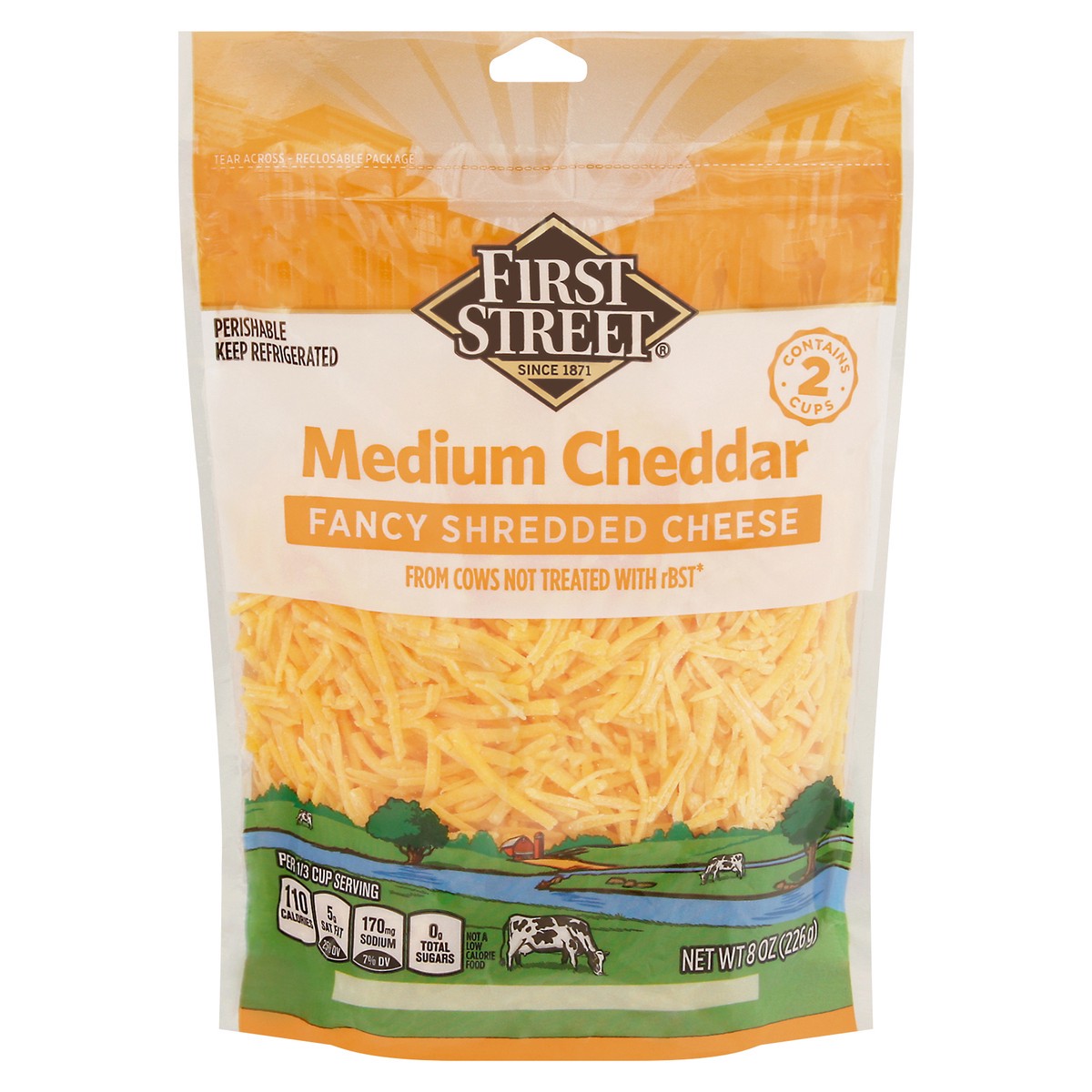 slide 9 of 13, First Street Medium Cheddar Fancy Shred, 8 oz