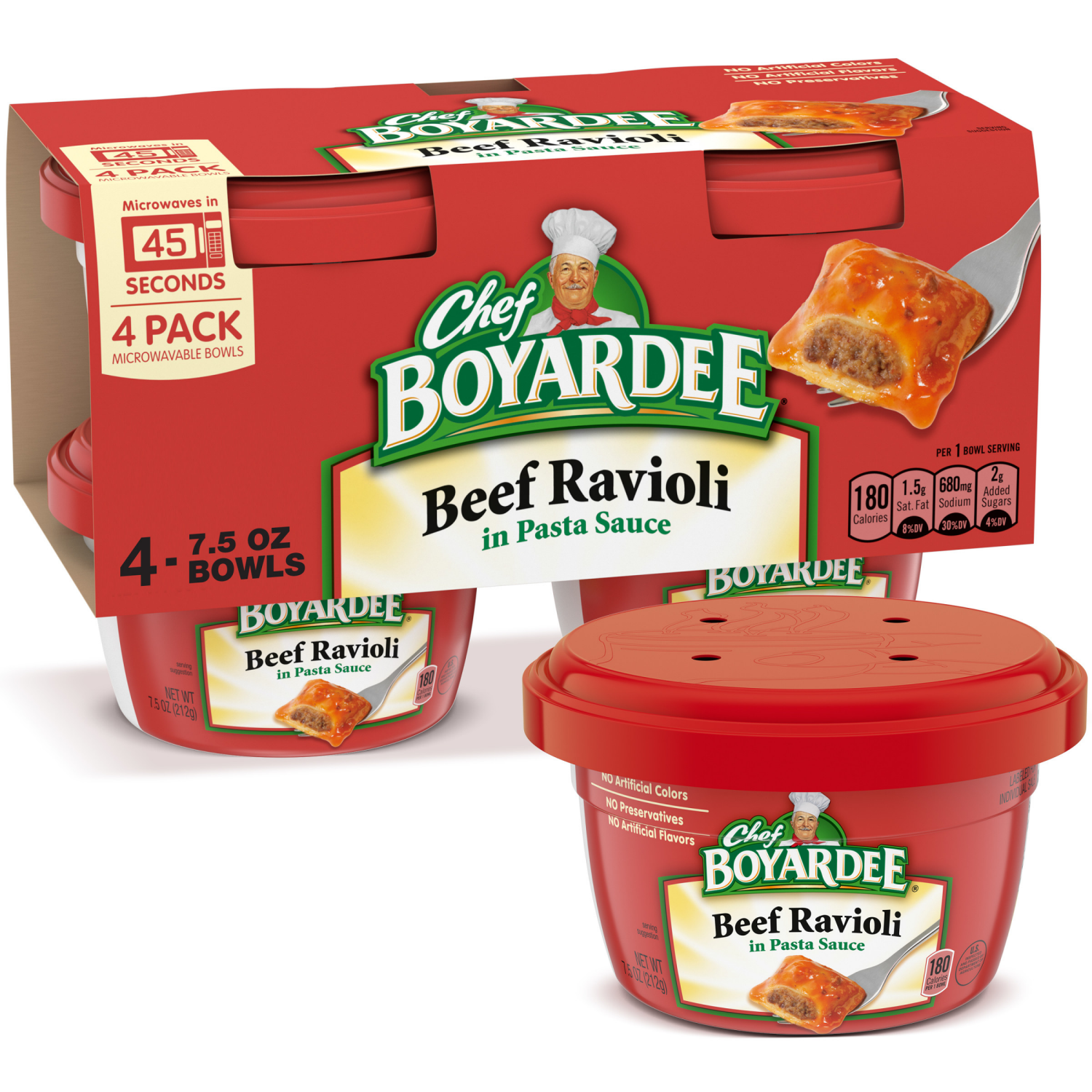 slide 1 of 4, Chef Boyardee Beef Ravioli in Pasta Sauce, Microwavable Meal, 7.5 oz. Bowl, 4-Count, 4 ct