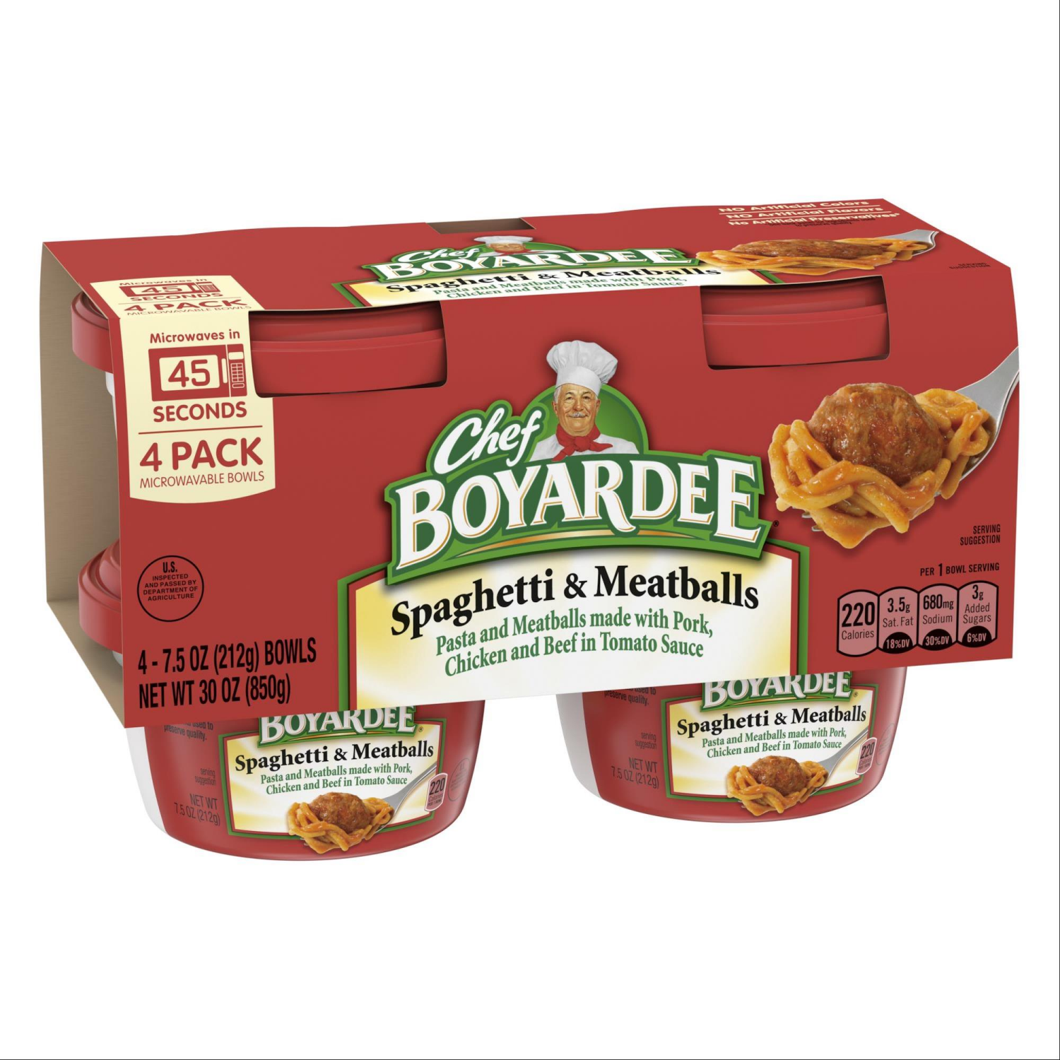 slide 4 of 5, Chef Boyardee Spaghetti and Meatballs in Tomato Sauce, Microwavable Meal, 7.5 oz. Bowl , 4-Count, 7.5 oz