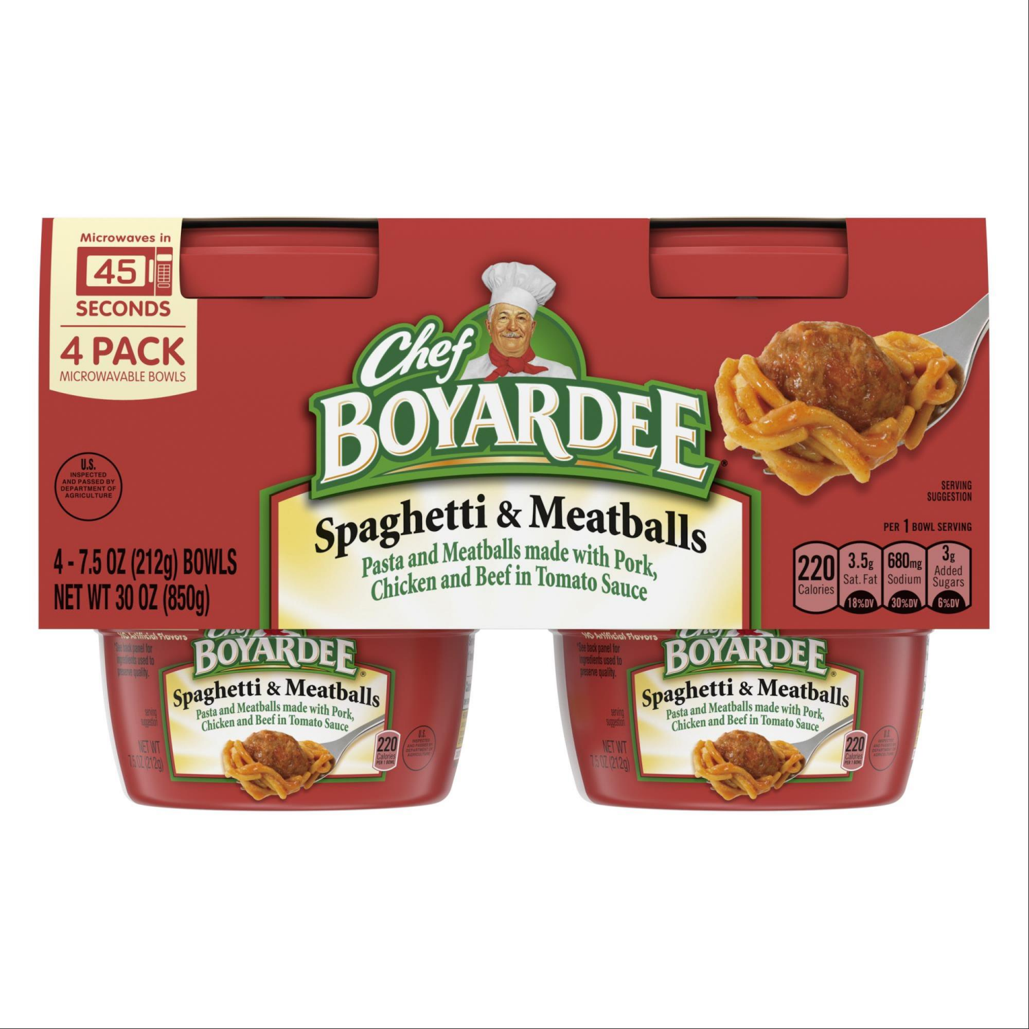slide 5 of 5, Chef Boyardee Spaghetti and Meatballs in Tomato Sauce, Microwavable Meal, 7.5 oz. Bowl , 4-Count, 7.5 oz