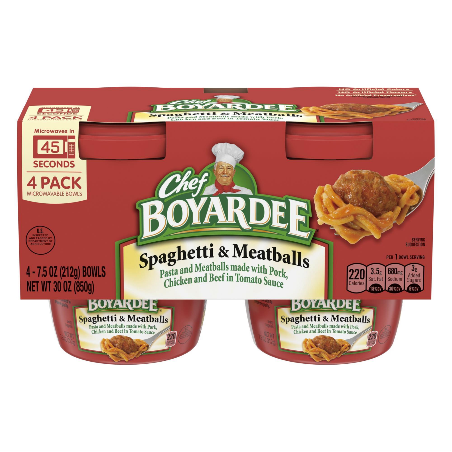 slide 1 of 5, Chef Boyardee Spaghetti and Meatballs in Tomato Sauce, Microwavable Meal, 7.5 oz. Bowl , 4-Count, 7.5 oz