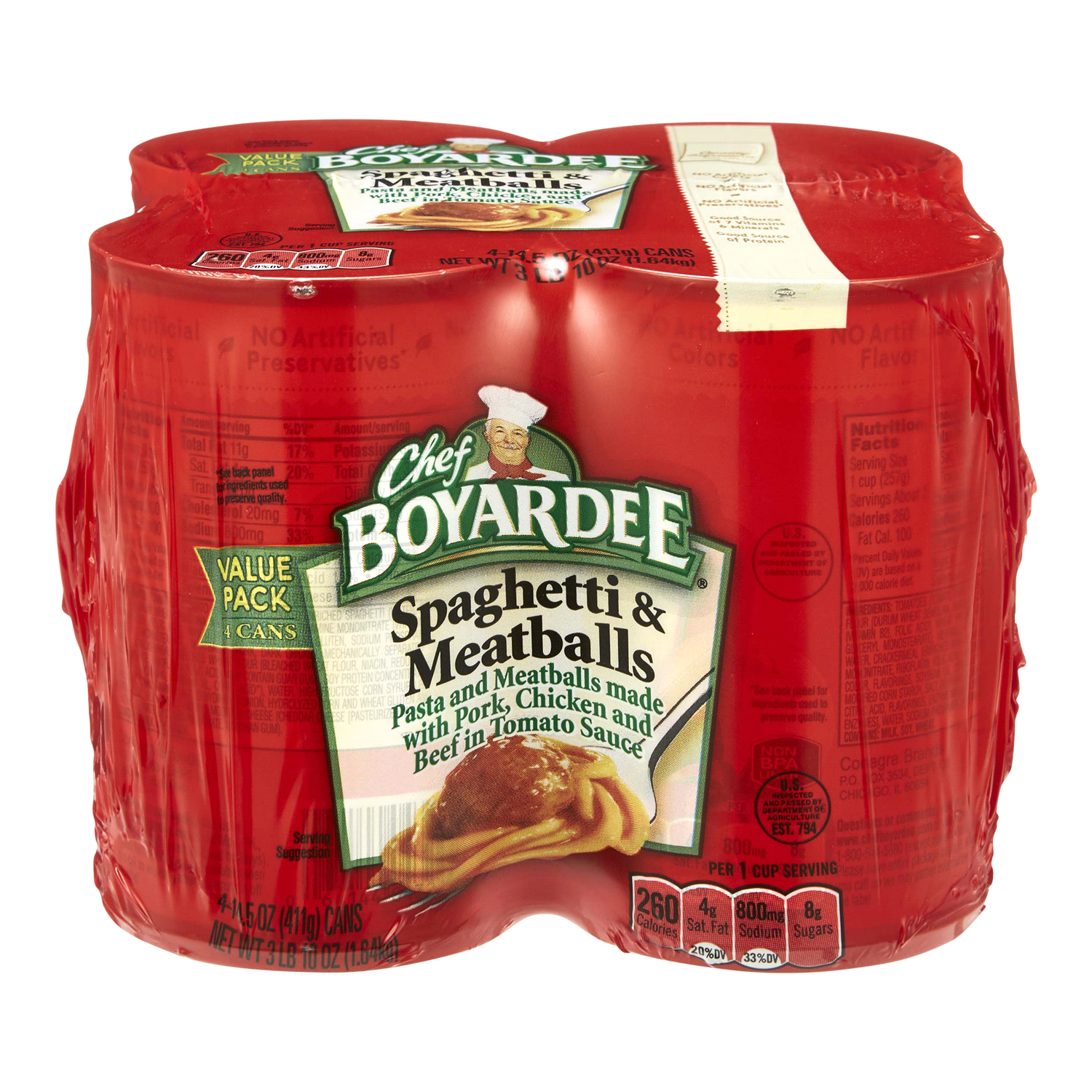 slide 1 of 2, Chef Boyardee Spaghetti & Meatballs in Tomato Sauce, Ready-to-Eat Meal, 14.5 oz. Can (Pack of 4), 4 ct