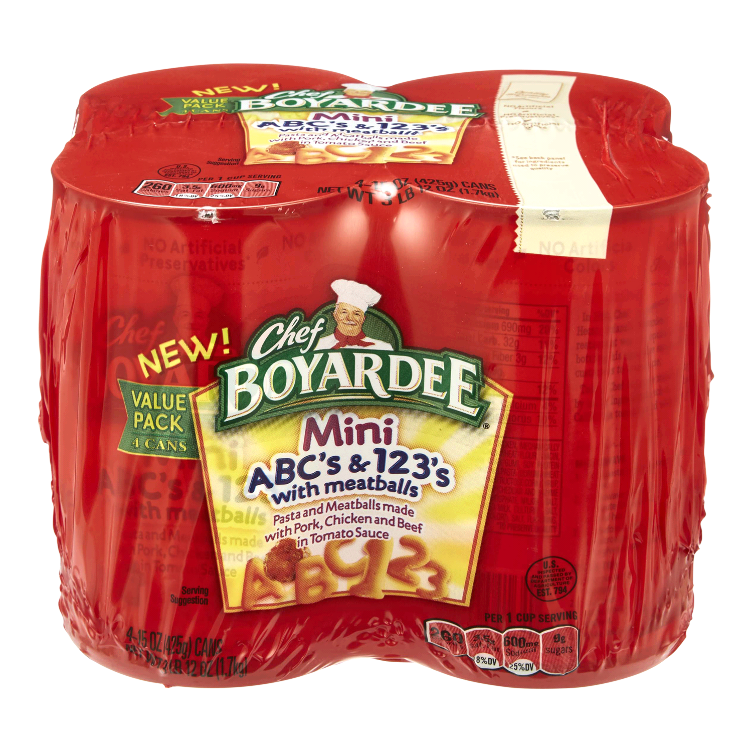 slide 1 of 2, Chef Boyardee Mini ABC's and 123's with Meatballs in Tomato Sauce, 15 oz. Can (Pack of 4), 4 ct