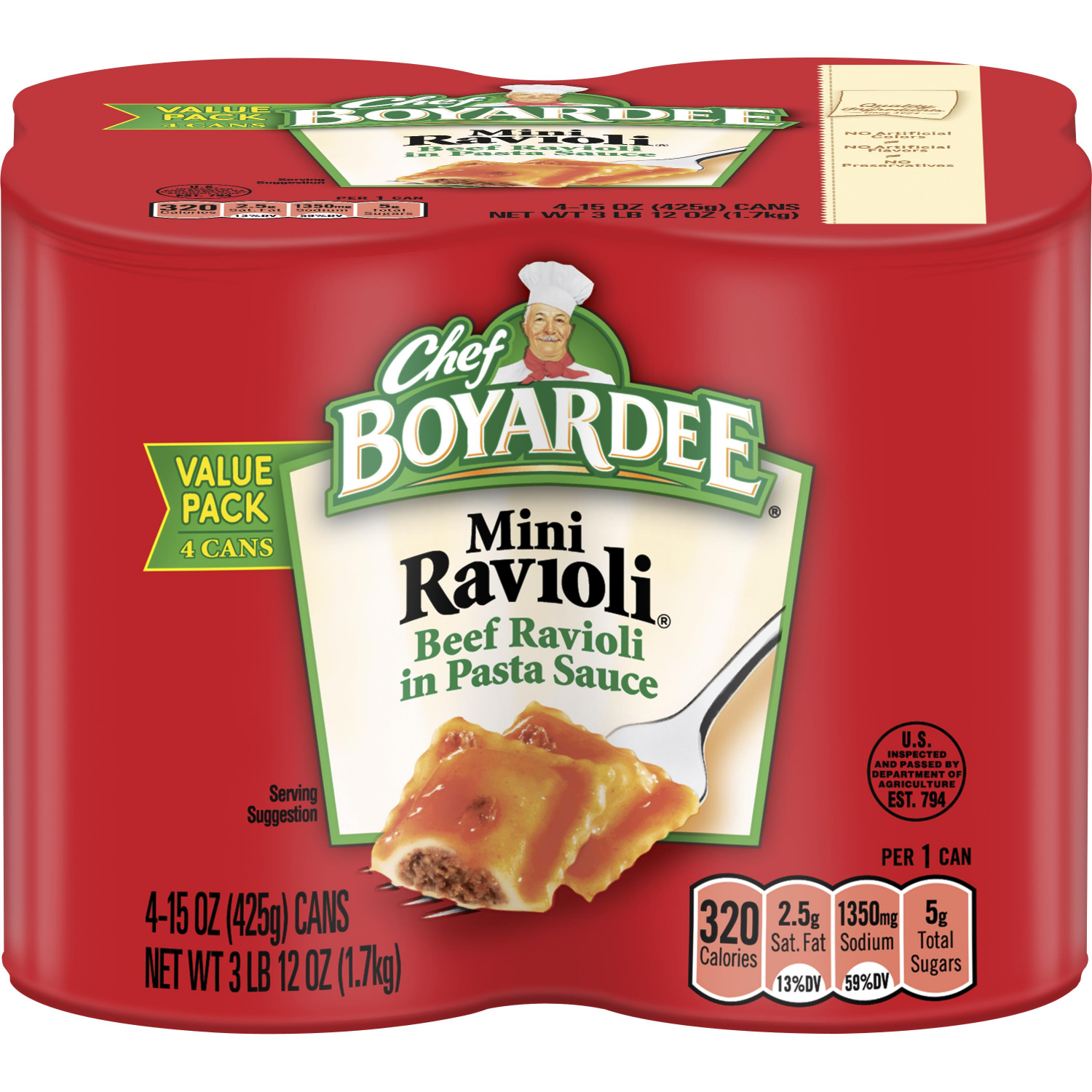slide 1 of 5, Chef Boyardee Mini Ravioli, Beef Ravioli in Pasta Sauce, Ready-to-Eat Meal, 15 oz. Can (Pack of 4), 4 ct