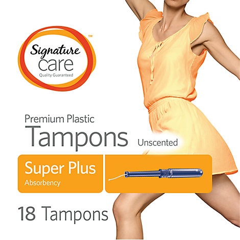 slide 1 of 1, Signature Care Tampons Premium Plastic Super Plus Absorbency Unscented, 18 ct