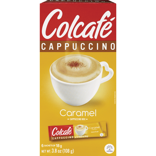 slide 1 of 1, Colcafé NON BRAND Colcafe Cappuccino Mix Caramel 6-Pack Of 0.634Oz/18G Sachets, 3.8 oz