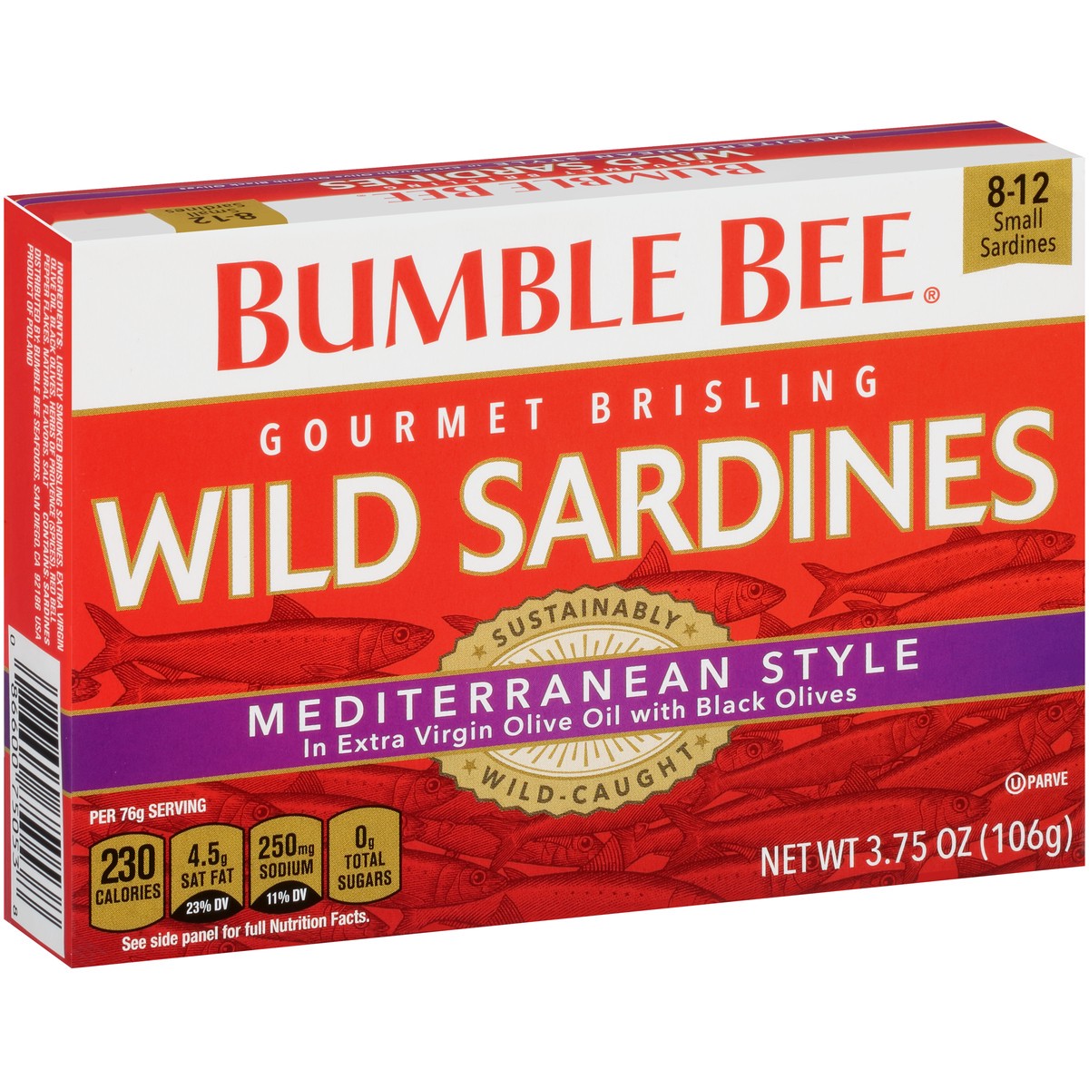 slide 3 of 11, Bumble Bee Gourmet Brisling Wild Mediterranean Style Sardines in Extra Virgin Olive Oil with Black Olives 3.75 oz. Box, 3.75 oz