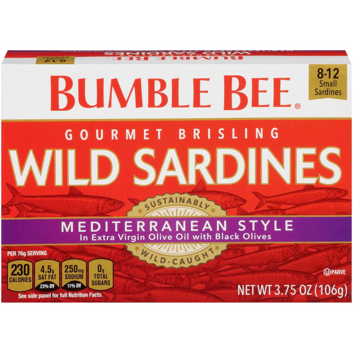 slide 1 of 11, Bumble Bee Gourmet Brisling Wild Mediterranean Style Sardines in Extra Virgin Olive Oil with Black Olives 3.75 oz. Box, 3.75 oz