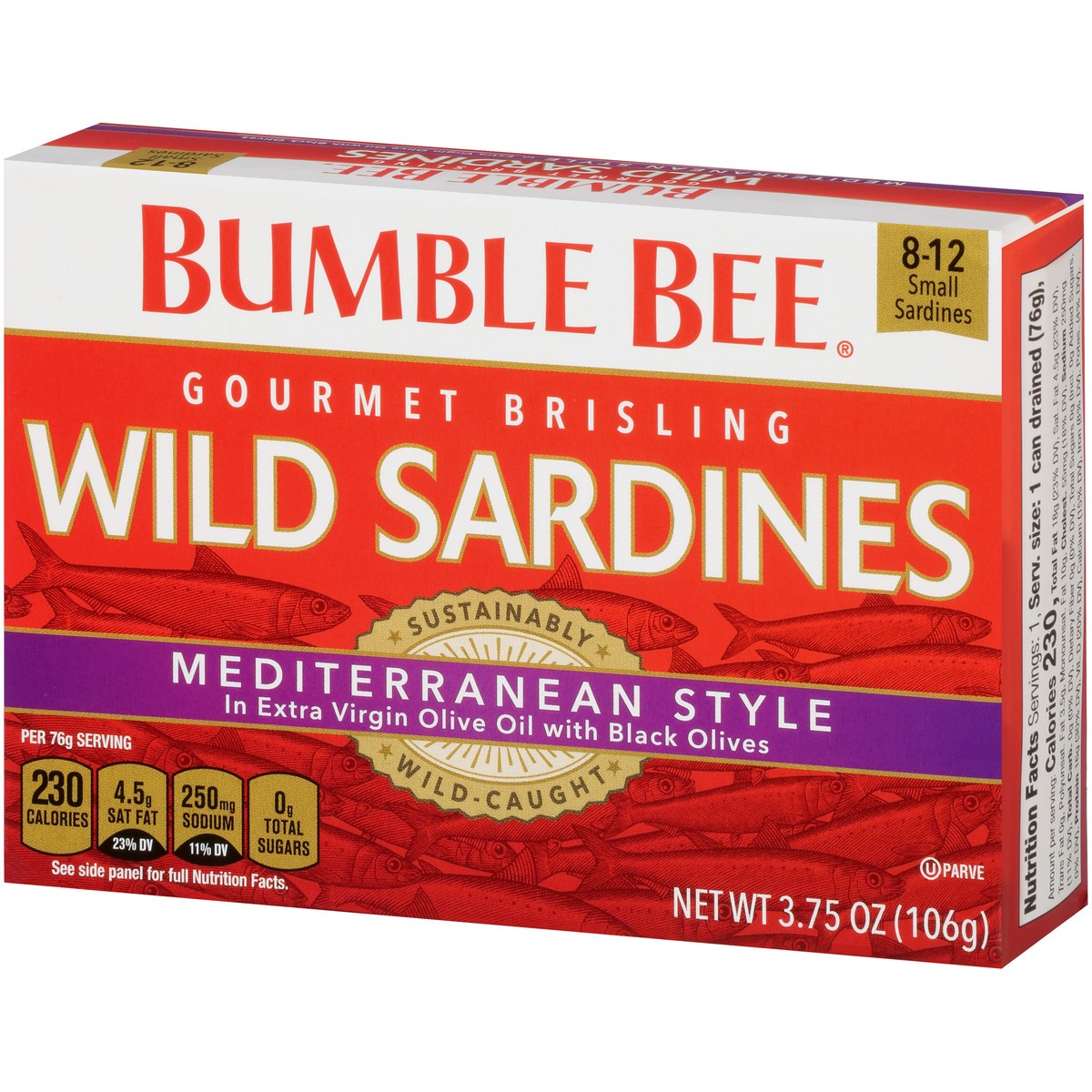 slide 4 of 11, Bumble Bee Gourmet Brisling Wild Mediterranean Style Sardines in Extra Virgin Olive Oil with Black Olives 3.75 oz. Box, 3.75 oz