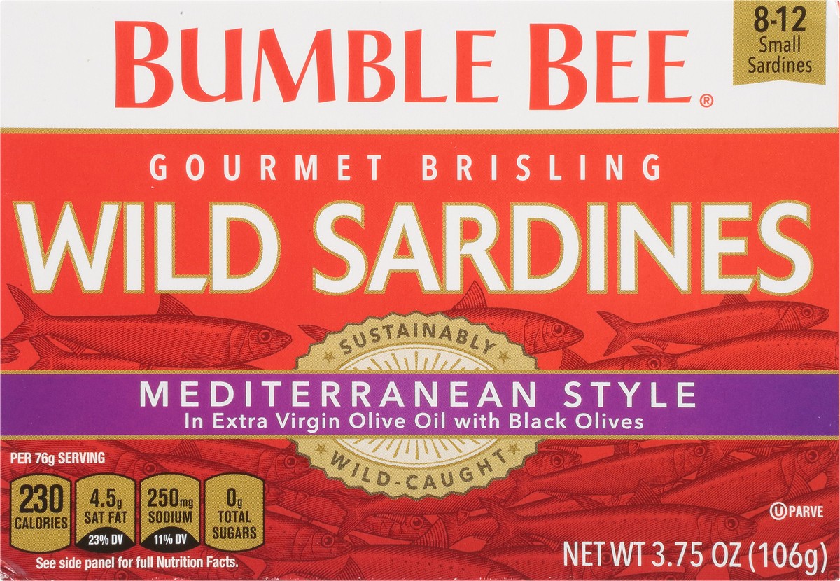 slide 1 of 11, Bumble Bee Gourmet Brisling Wild Mediterranean Style Sardines in Extra Virgin Olive Oil with Black Olives 3.75 oz. Box, 3.75 oz