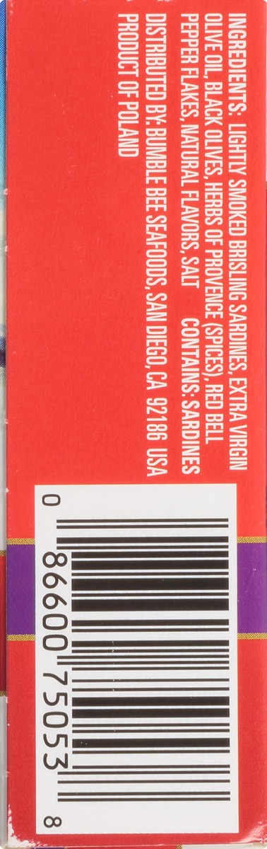 slide 7 of 11, Bumble Bee Gourmet Brisling Wild Mediterranean Style Sardines in Extra Virgin Olive Oil with Black Olives 3.75 oz. Box, 3.75 oz