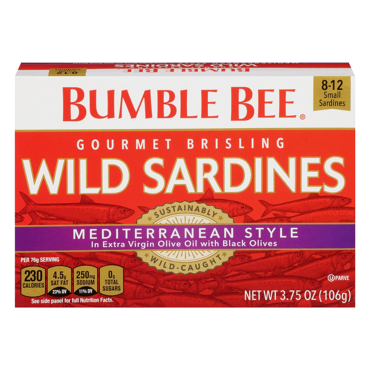 slide 11 of 11, Bumble Bee Gourmet Brisling Wild Mediterranean Style Sardines in Extra Virgin Olive Oil with Black Olives 3.75 oz. Box, 3.75 oz