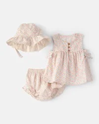 Carter's Baby Girl 3-Piece Floral Hat, Top & Short Set - Pink 3M