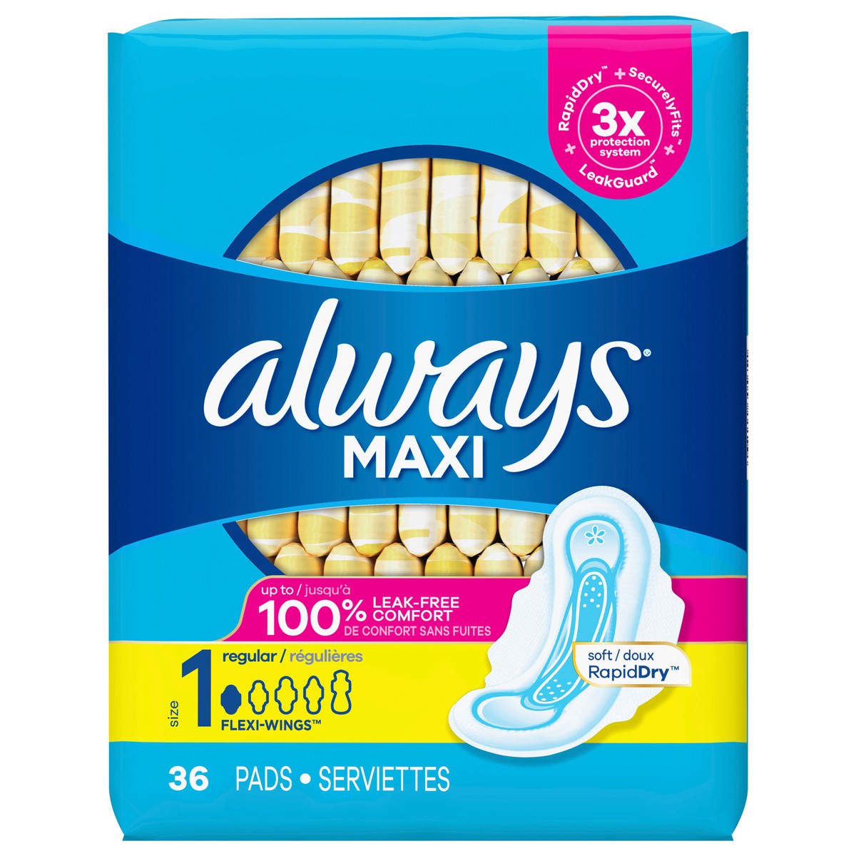 slide 2 of 7, Always Maxi Feminine Pads with Wings for Women, Size 1, Regular Absorbency, Unscented 36 Count, 36 ct