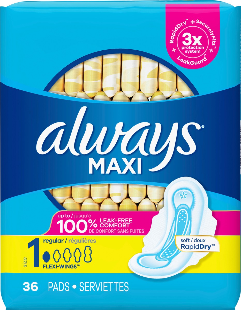 slide 4 of 7, Always Maxi Feminine Pads with Wings for Women, Size 1, Regular Absorbency, Unscented 36 Count, 36 ct