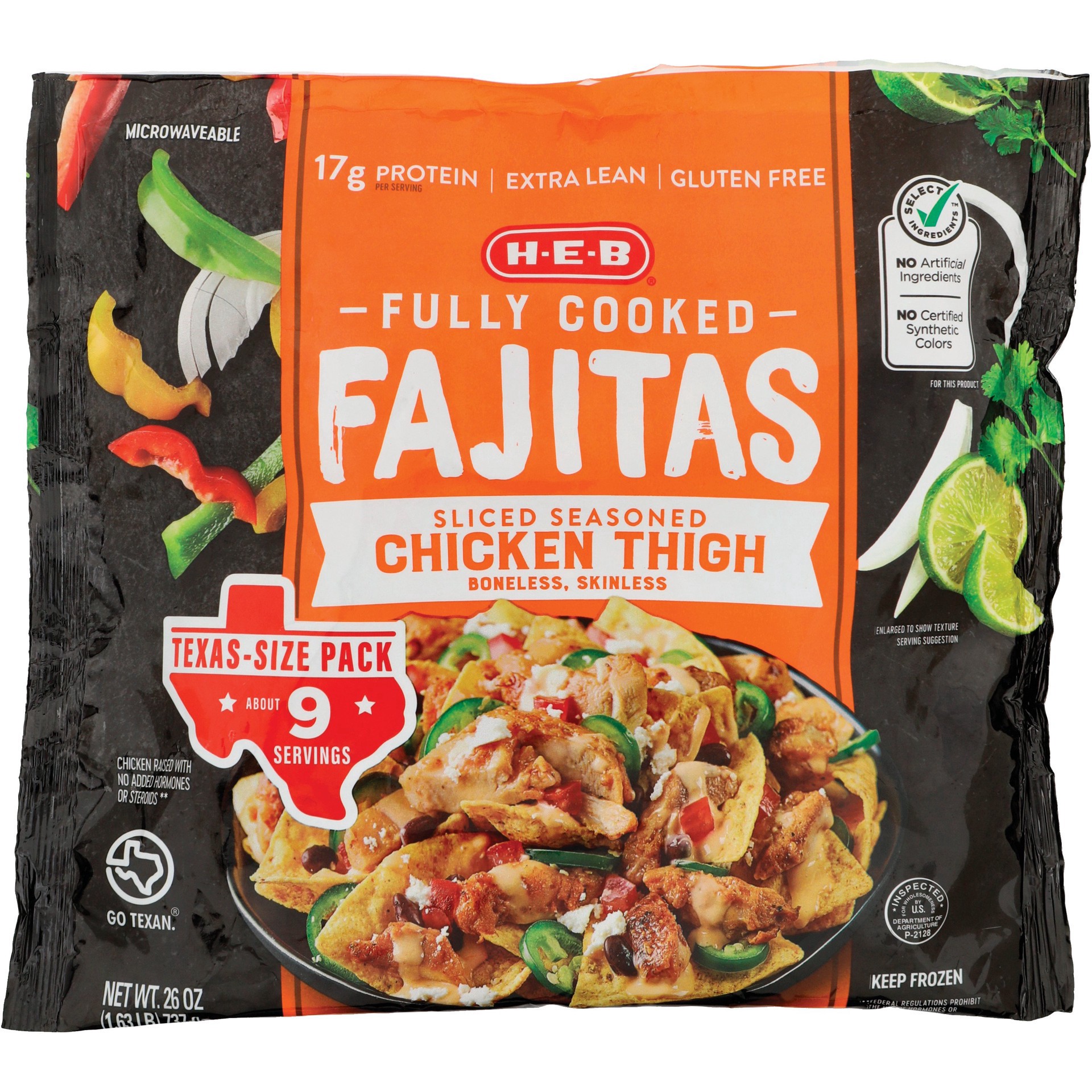 slide 1 of 1, H-E-B Fully Cooked Sliced Seasoned Chicken Thigh Fajitas Texas Size, 26 oz