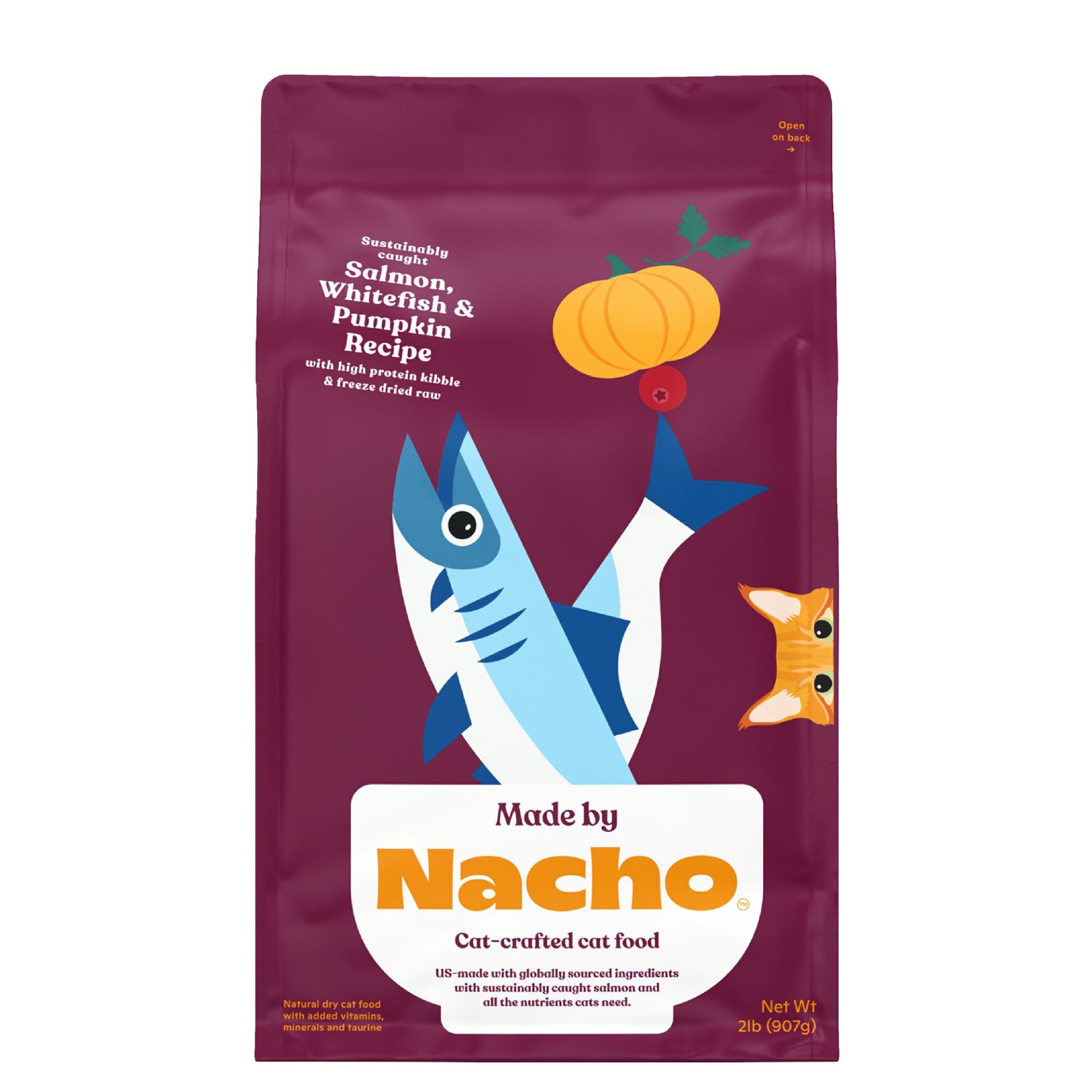 slide 1 of 1, Made by Nacho Sustainably-Caught Salmon, Whitefish & Pumpkin Recipe with Freeze-Dried Raw Chicken Liver Dry Cat Food, 2 lb