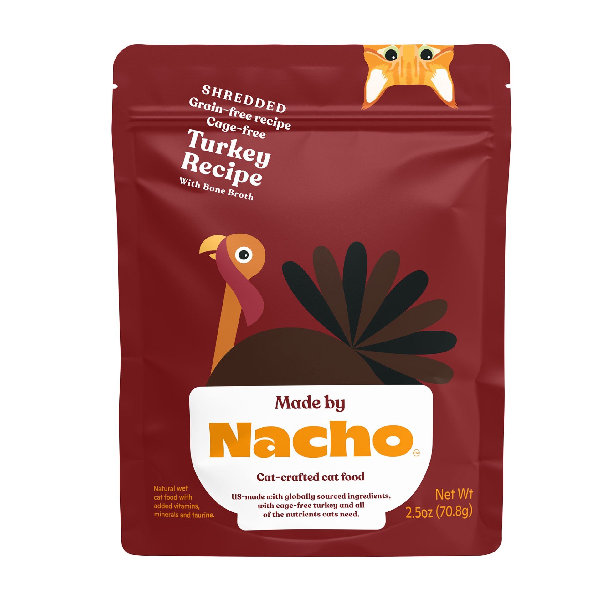 slide 1 of 1, Made by Nacho Cage-Free Grain-Free Shredded Turkey Recipe with Bone Broth Wet Cat Food, 2.5 oz