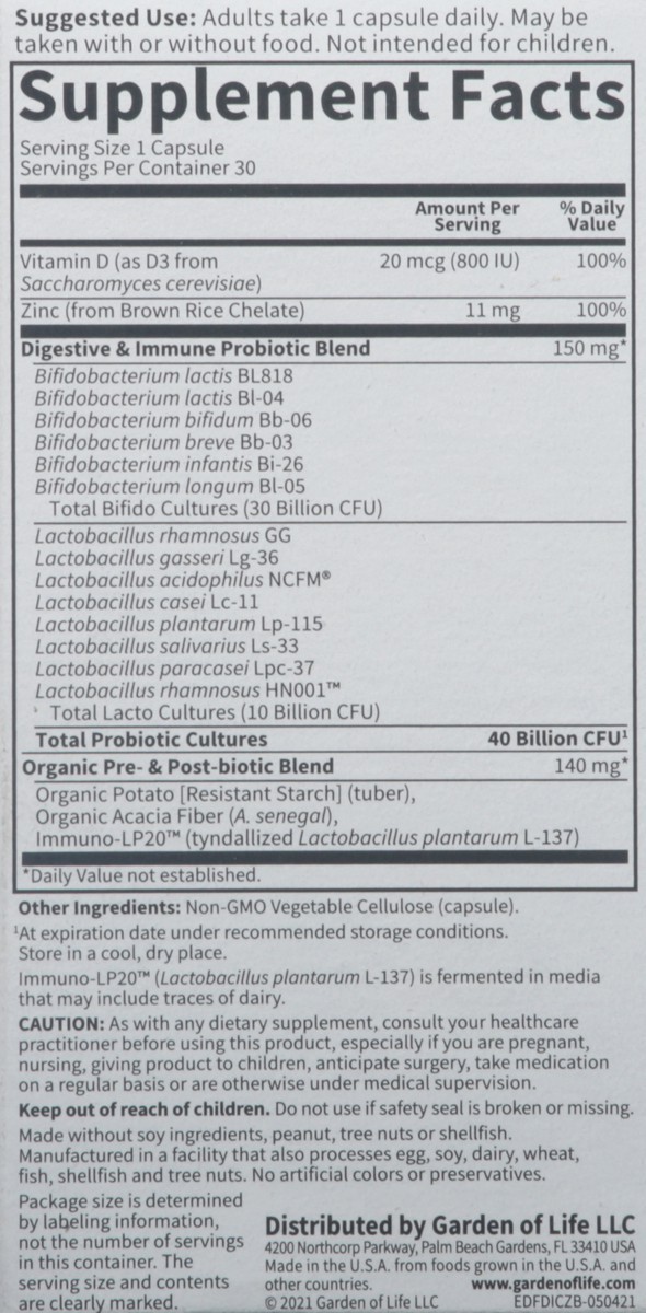 slide 4 of 9, Garden of Life Dr. Formulated Digestive & Immune Care with Zinc 30 Capsules, 1 ct