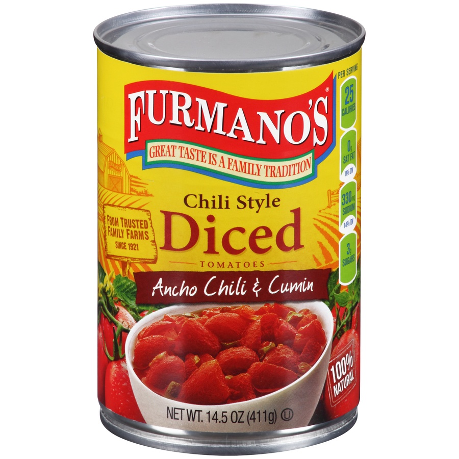 slide 1 of 1, Furmano's Chili Style Diced Tomatoes with Ancho Chili & Cumin, 14.5 oz