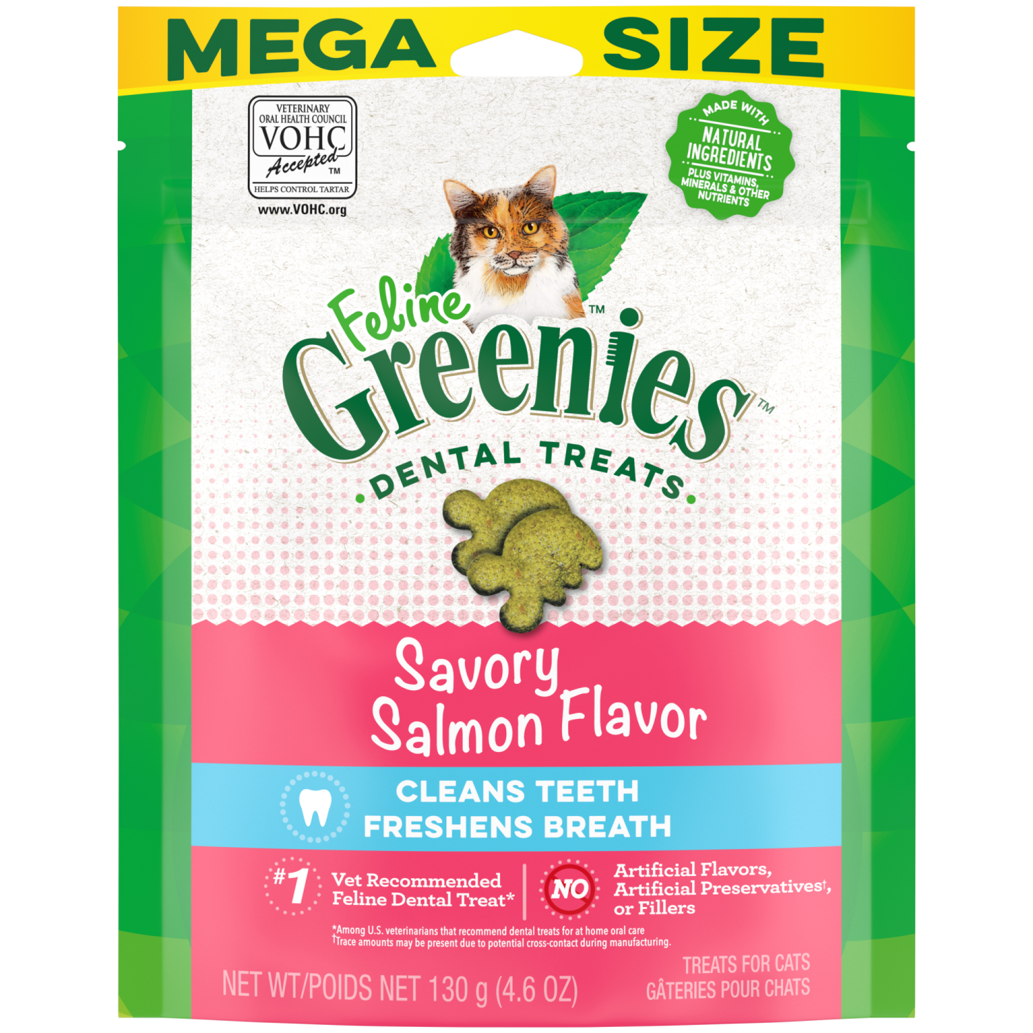 slide 1 of 8, Greenies Premium Dental Treats Savory Salmon Flavor Cat Treats Mega Size 130 g, 4.6 oz