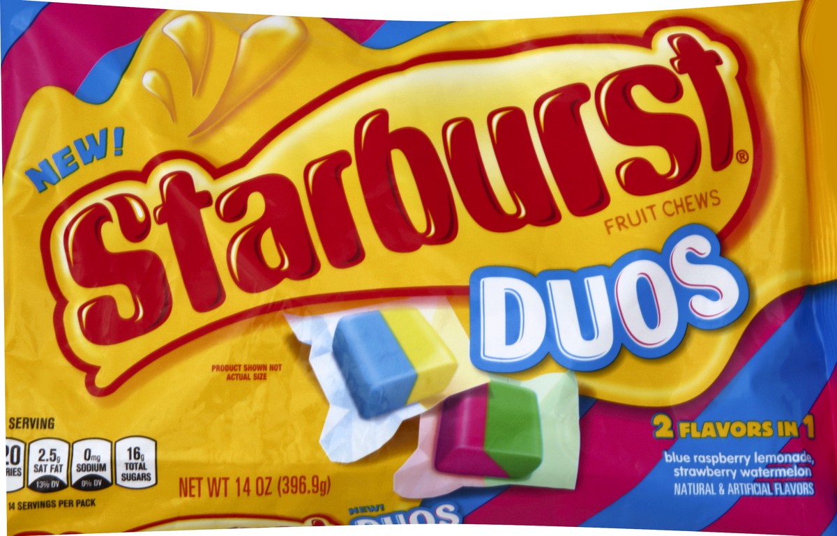 slide 2 of 6, Starburst Duos, Fruit Chews Candy, Laydown Bag, 14 Oz, 14 oz