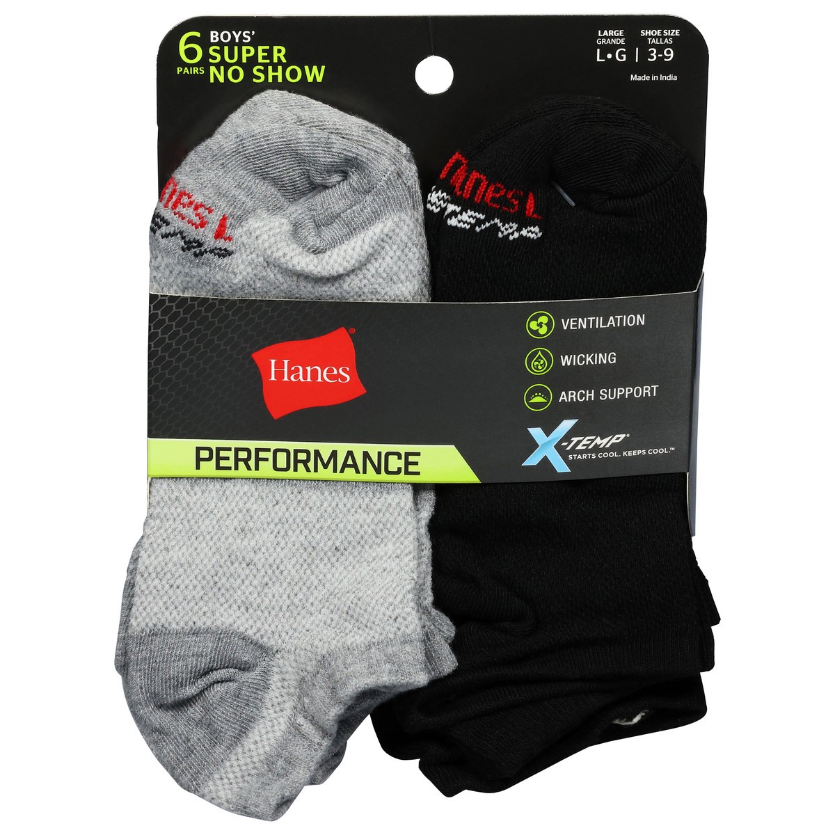 slide 4 of 12, Hanes Boys' Performance Super No Show Socks Large 6 ea, 6 ct