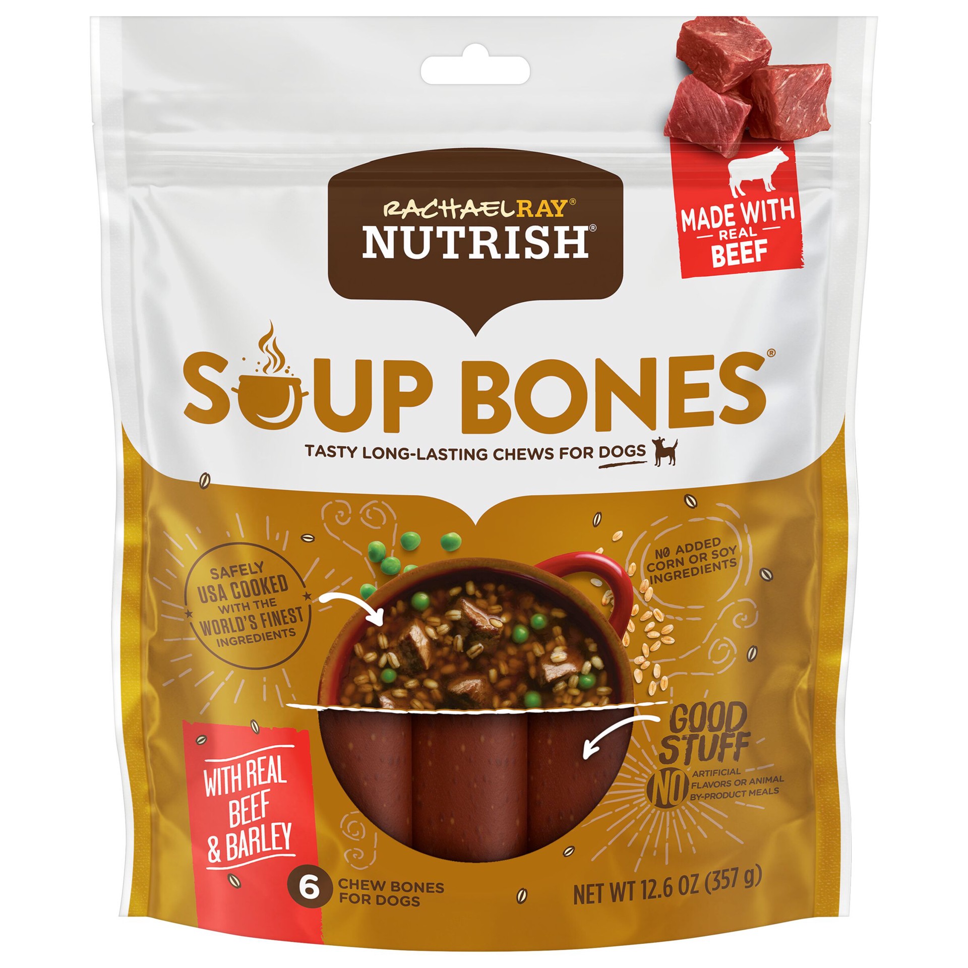 slide 1 of 9, Rachael Ray Nutrish Soup Bones With Real Beef & Barley, 6 Dog Chews, 12.6 oz