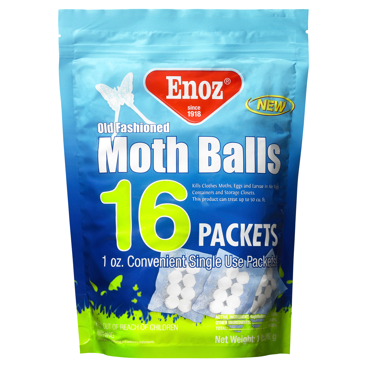 slide 1 of 1, Enoz Old Fahsioned Moth Ball Packets Re-sealable Bag, 16 ct