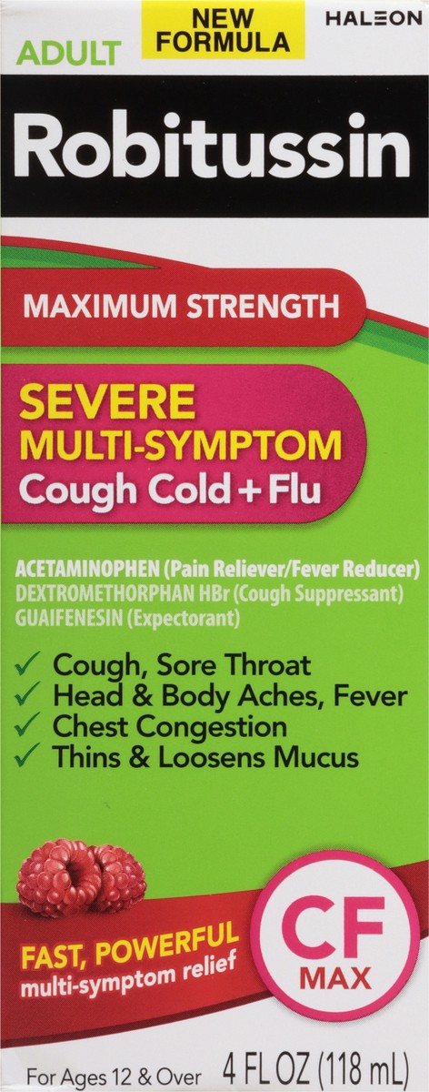 slide 3 of 13, Robitussin CF Max, Severe Multi-Symptom Relief from Cough, Cold, and Flu - Adult Formula, 4 fl oz