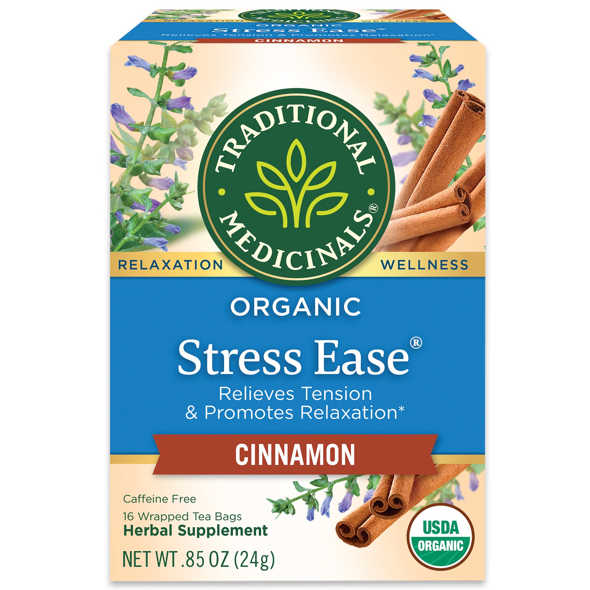 slide 1 of 1, Traditional Medicinals Organic Stress Ease, Caffeine Free Herbal Tea, 16 ct