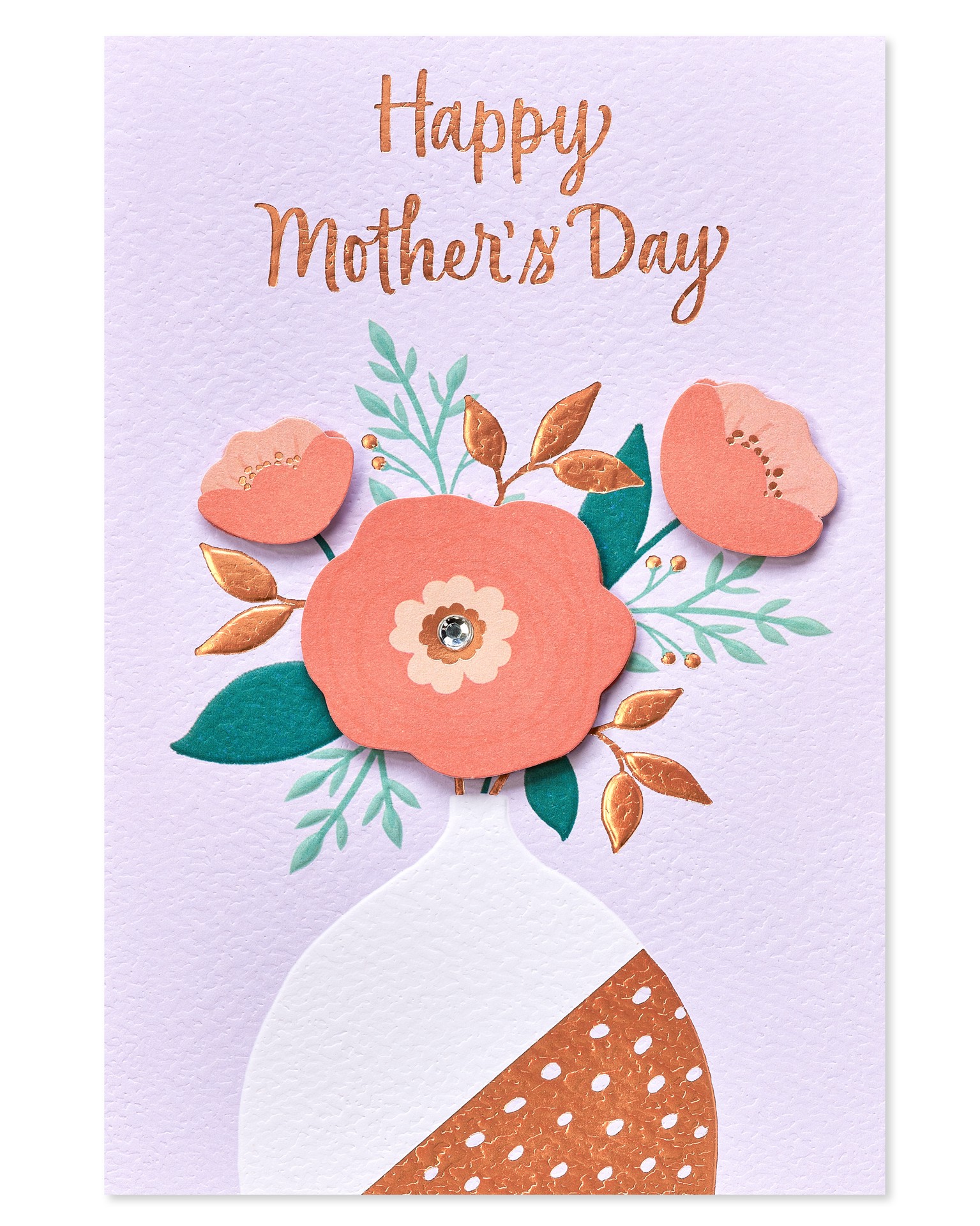 slide 3 of 5, American Greetings Wish her all the joy she brings to you and others with this elegant Mother's Day card from American Greetings! Perfect for any special woman on Mother's Day. Sophisticated design features a vase of flowers with a midcentury modern feel. Richly embellished with gems, layered paper attachments, and foil stamping. Overall embossing simulates handmade paper. Full color art throughout. Complimentary message expresses how much happiness she brings to everyone she cares about. Perfect for mother, like a mom, stepmother, grandmother, aunt, sister, daughter, friend, caregiver, and more. Printed on quality cardstock. Envelope included. Only from American Greetings., 1 ct