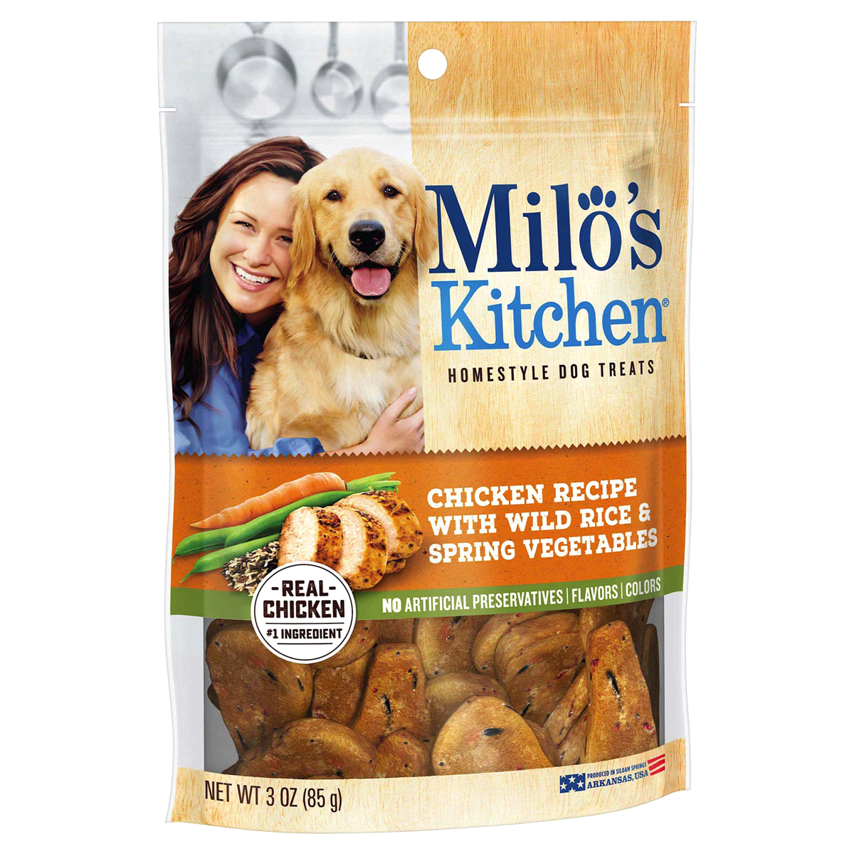 slide 1 of 1, Milo's Kitchen Homestyle Dog Treats, Chicken Recipe With Wild Rice & Spring Vegetables, 3 oz