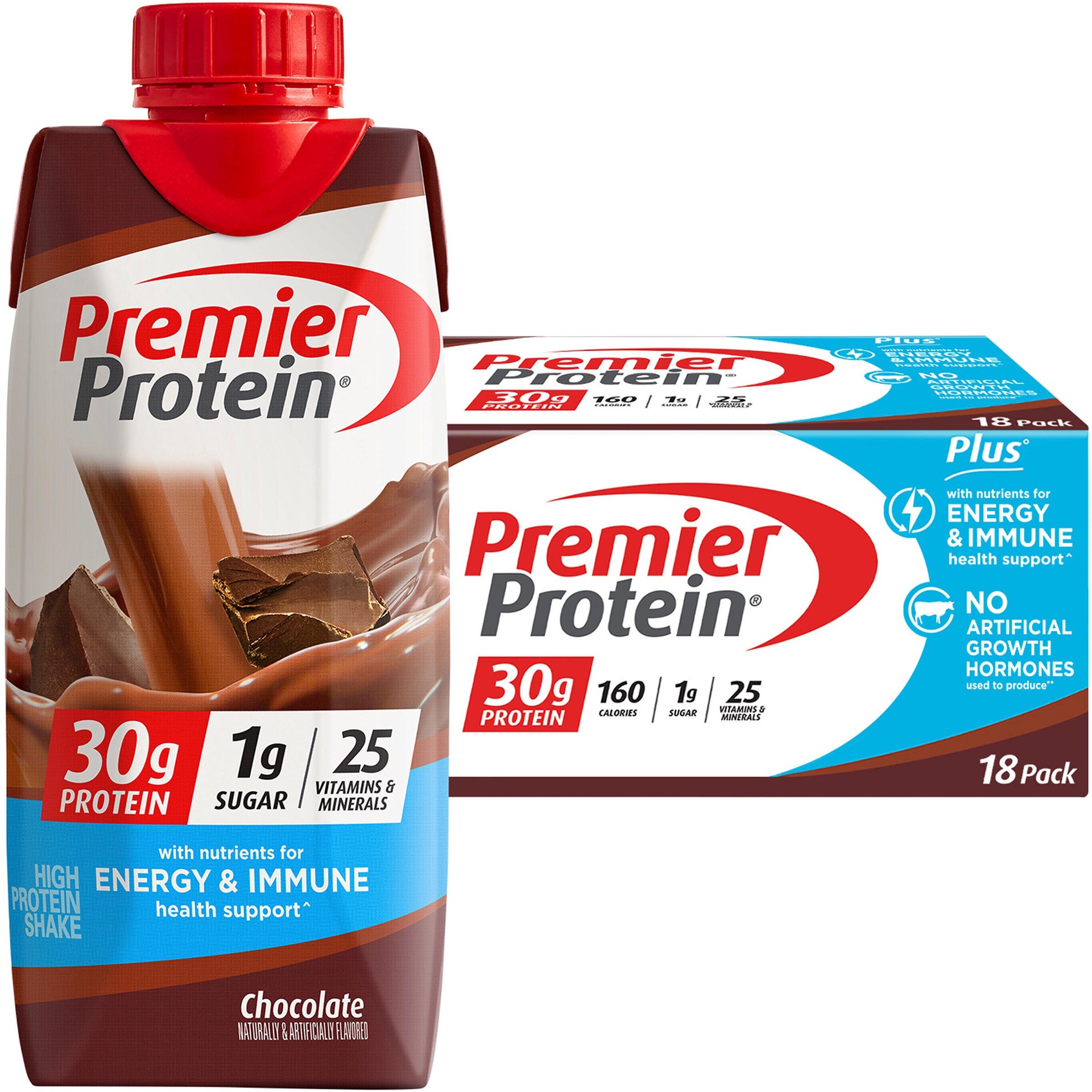 slide 1 of 1, Premier Protein Premier 30g Protein PLUS Energy and Immune Support Shakes, Chocolate, 11 fl oz, 18 pack, 