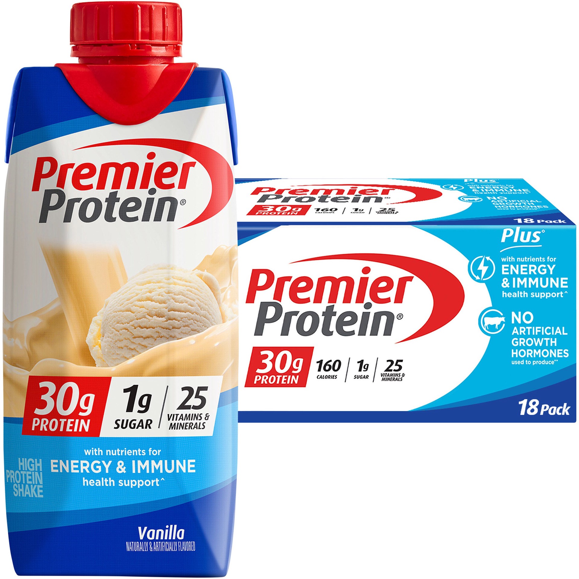 slide 1 of 8, Premier Protein Premier 30g Protein PLUS Energy and Immune Support Shakes, Vanilla, 11 fl oz, 18 pack, 