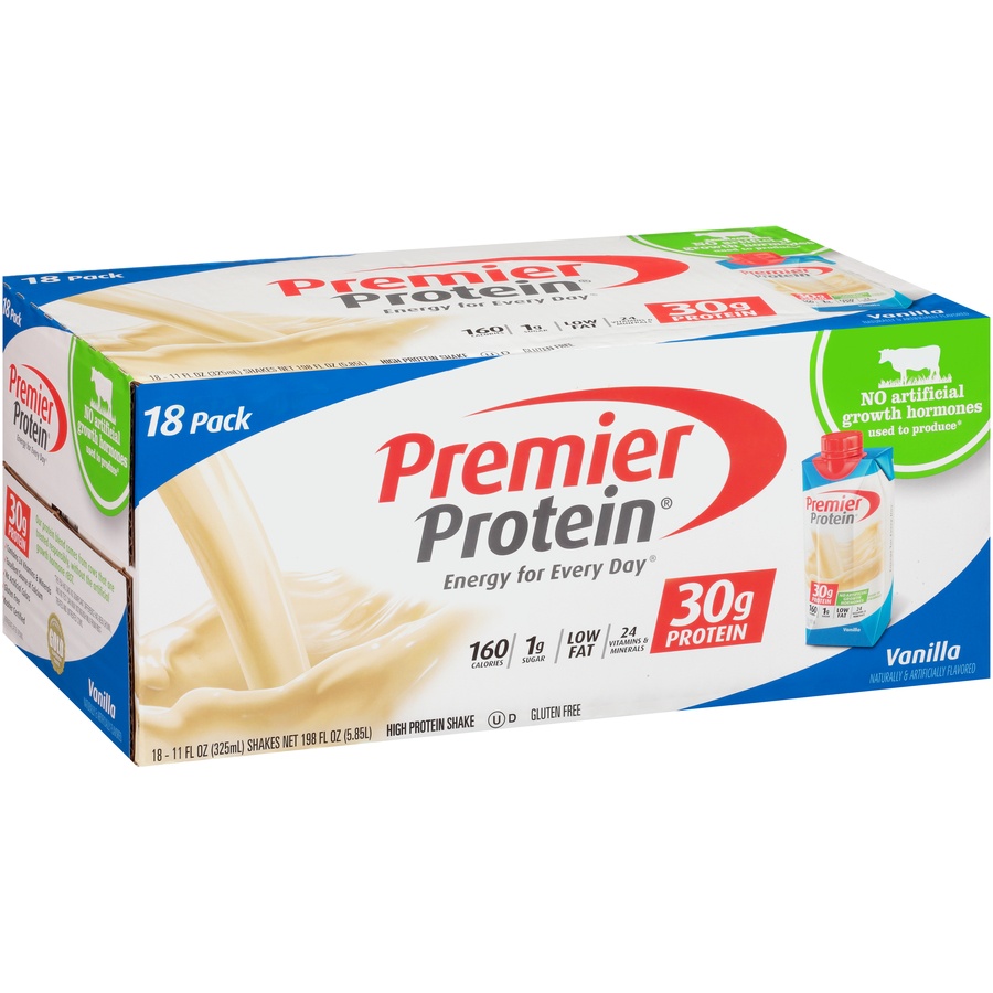 slide 3 of 8, Premier Protein Premier 30g Protein PLUS Energy and Immune Support Shakes, Vanilla, 11 fl oz, 18 pack, 