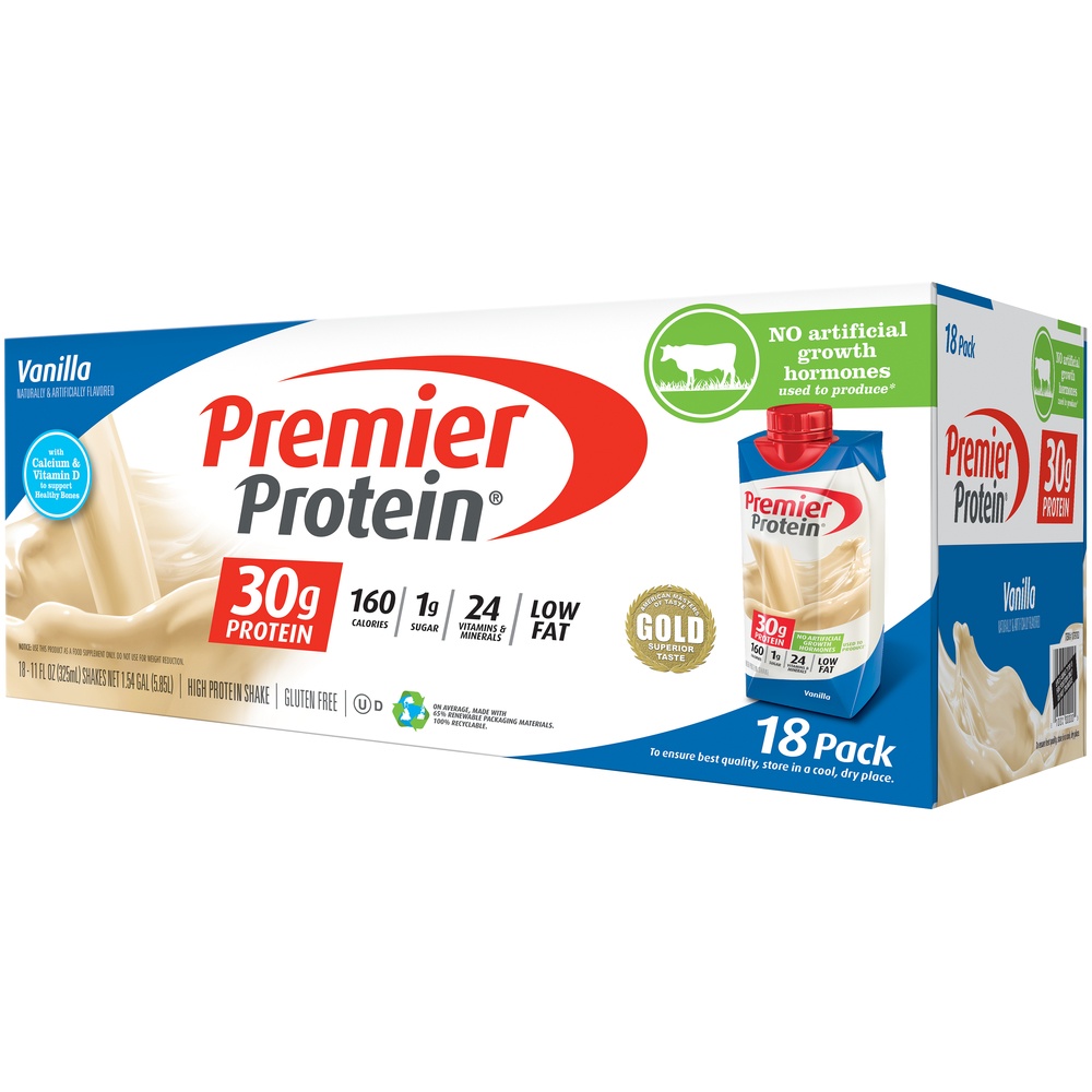 slide 2 of 8, Premier Protein Premier 30g Protein PLUS Energy and Immune Support Shakes, Vanilla, 11 fl oz, 18 pack, 