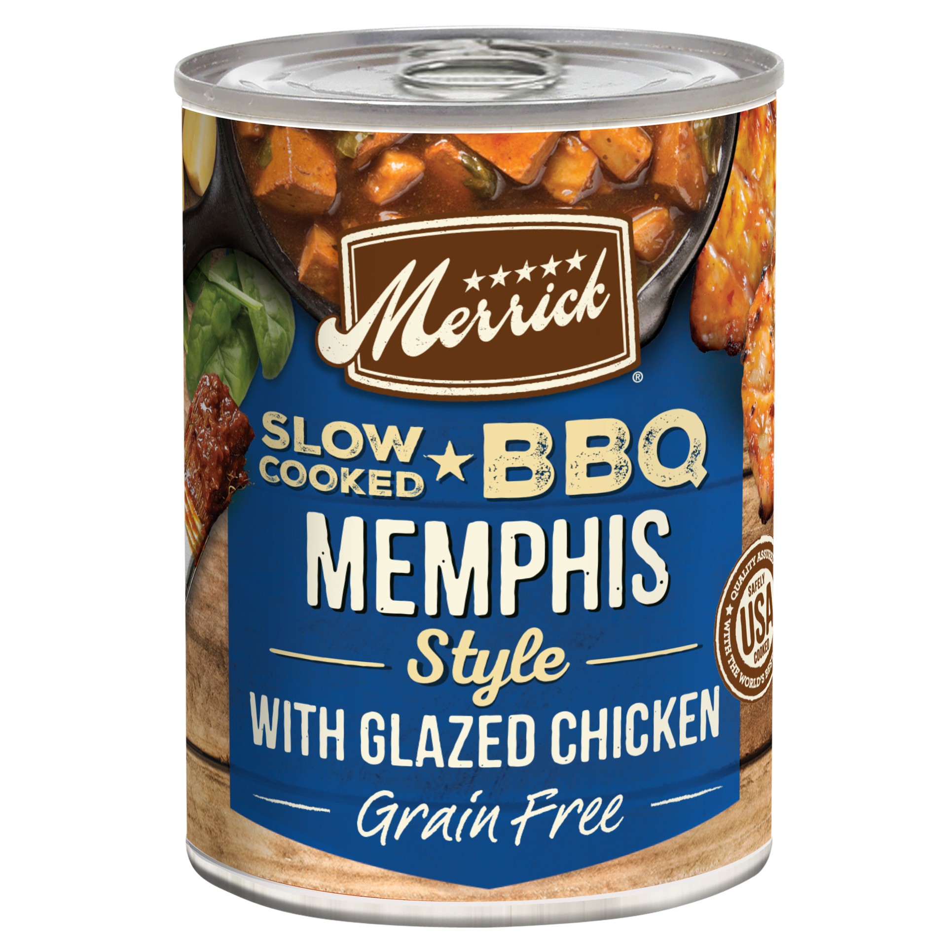 slide 1 of 9, Merrick Slow-Cooked BBQ Premium Real Meat Grain Free Canned Adult Dog Food, Memphis Style With Glazed Chicken, 1 ct