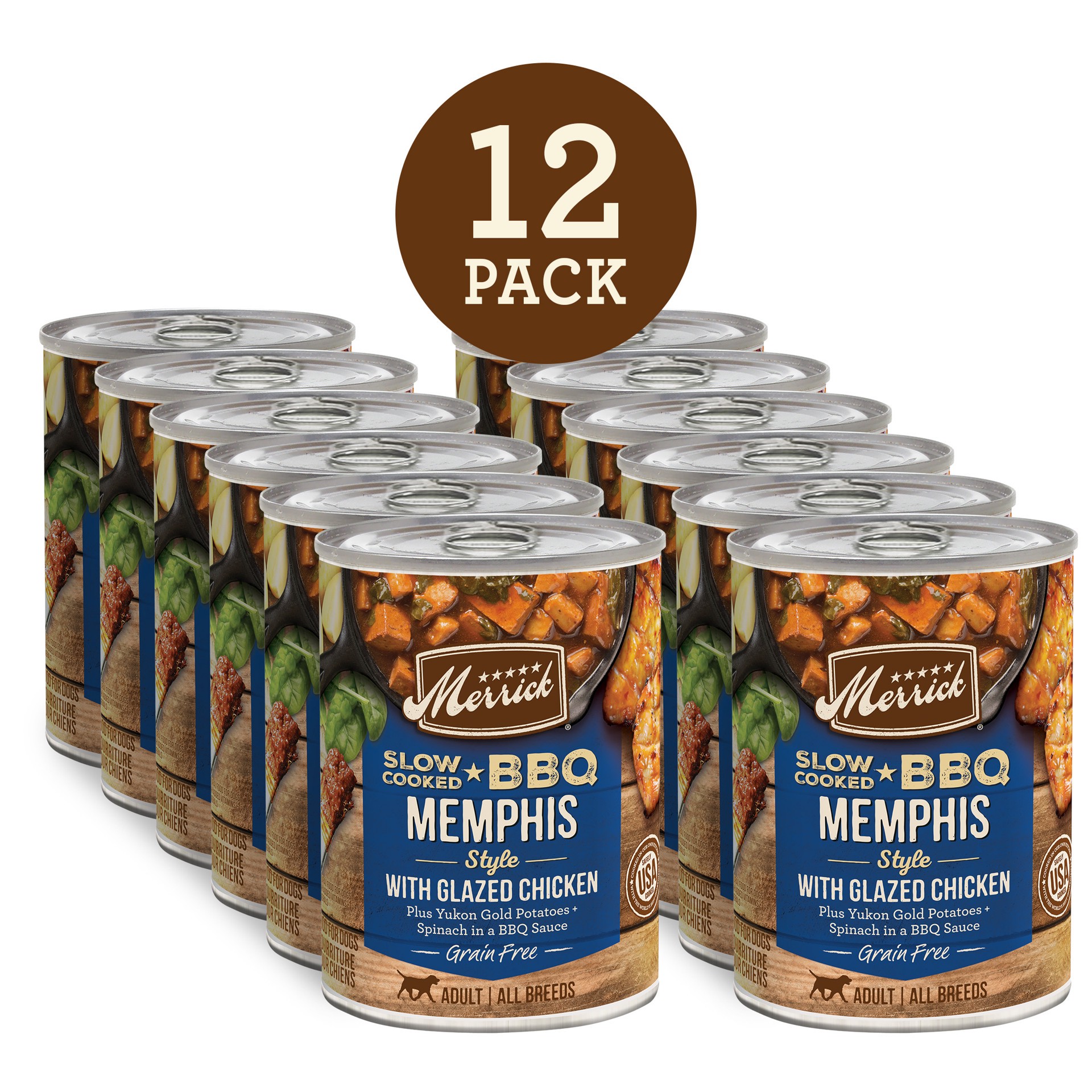 slide 4 of 9, Merrick Slow-Cooked BBQ Premium Real Meat Grain Free Canned Adult Dog Food, Memphis Style With Glazed Chicken, 1 ct