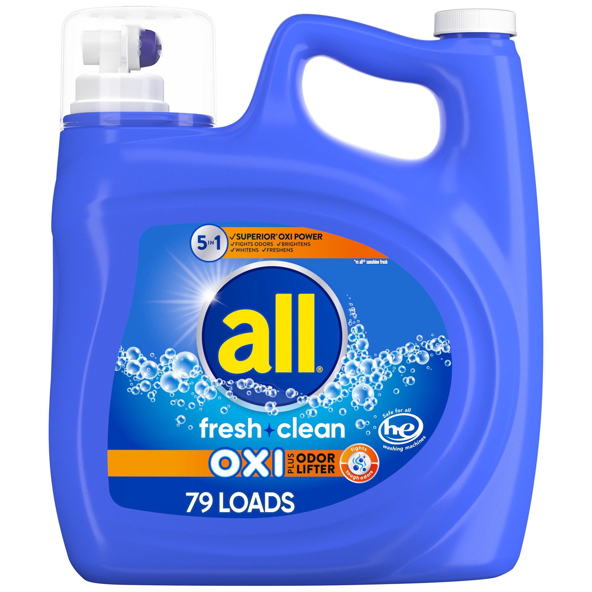 slide 1 of 3, All Liquid Laundry Detergent, Fresh Clean, OXI + Odor, 141 fl oz, 79 Loads, 141 fl oz